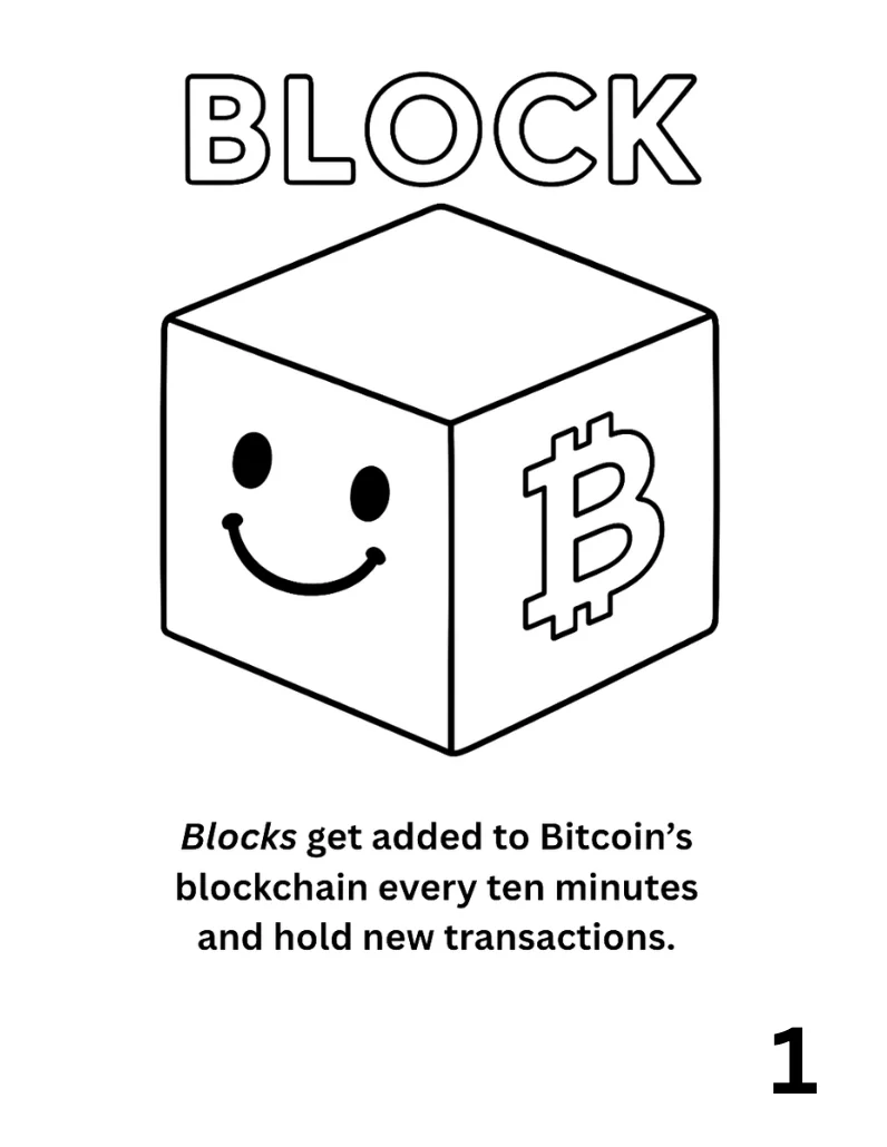 Block coloring page: a smiling cube with a Bitcoin symbol