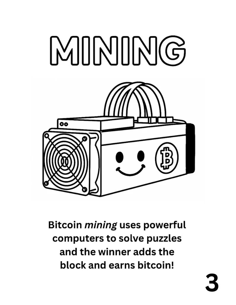 Mining coloring illustration from The Bitcoin Coloring Book