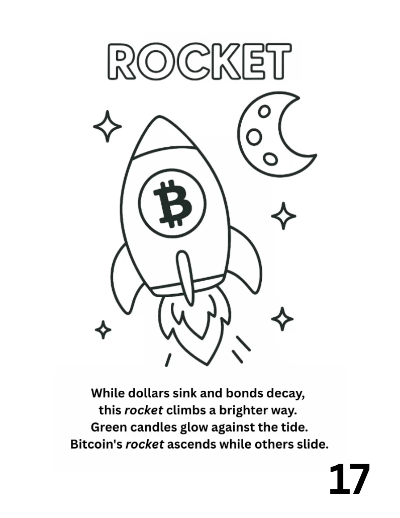 Rocket coloring illustration from The Bitcoin Coloring Book